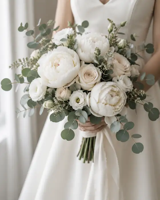 Laura holding a bouquet of white peonies and eucalyptus