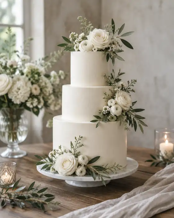Three-tier white wedding cake with flowers