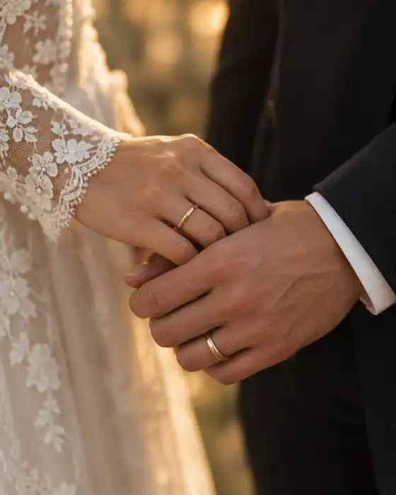 The couple’s hands with wedding rings